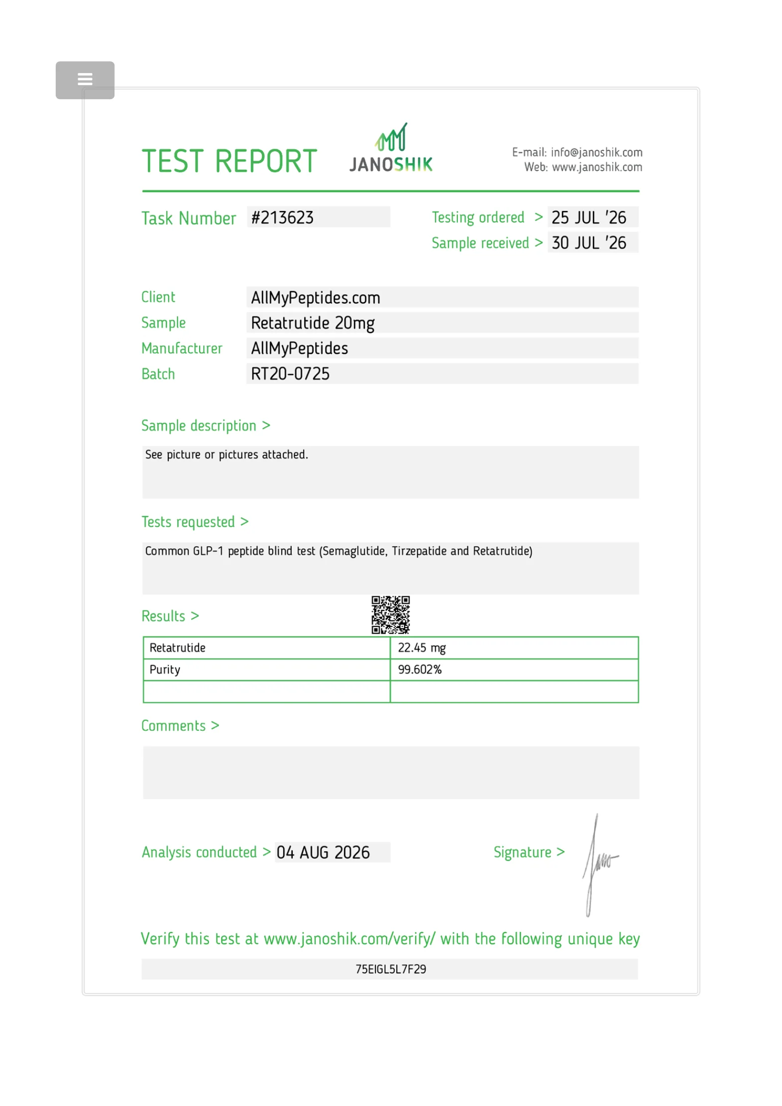 First page of the Retatrutide 20mg report
